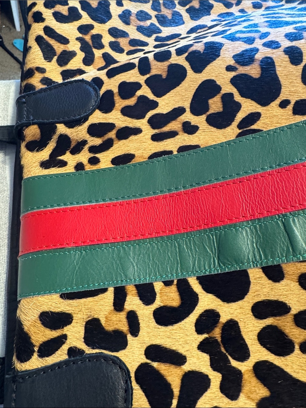 Parker & Hyde Leopard Print Haircalf Tote Bag Green & Red Stripe - Picture 6 of 6
